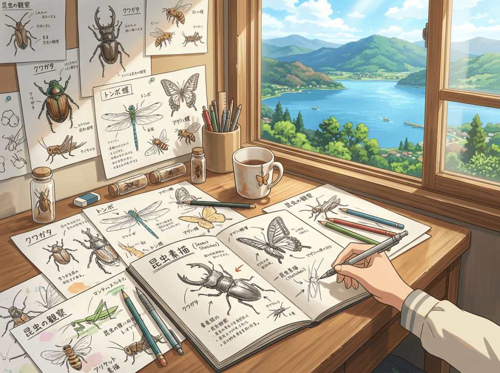 Sketchbook open with insect drawings, pencils, insect diagrams pinned on wall, hand drawing an insect, cups with pencils, and a window showing a lake and green mountains.