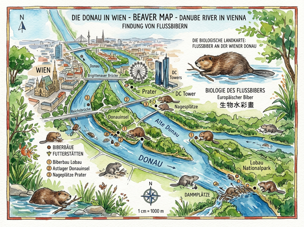 Map of the Danube River in Vienna highlighting beaver lodges, feeding sites, and gnawing places with illustrations of European beavers